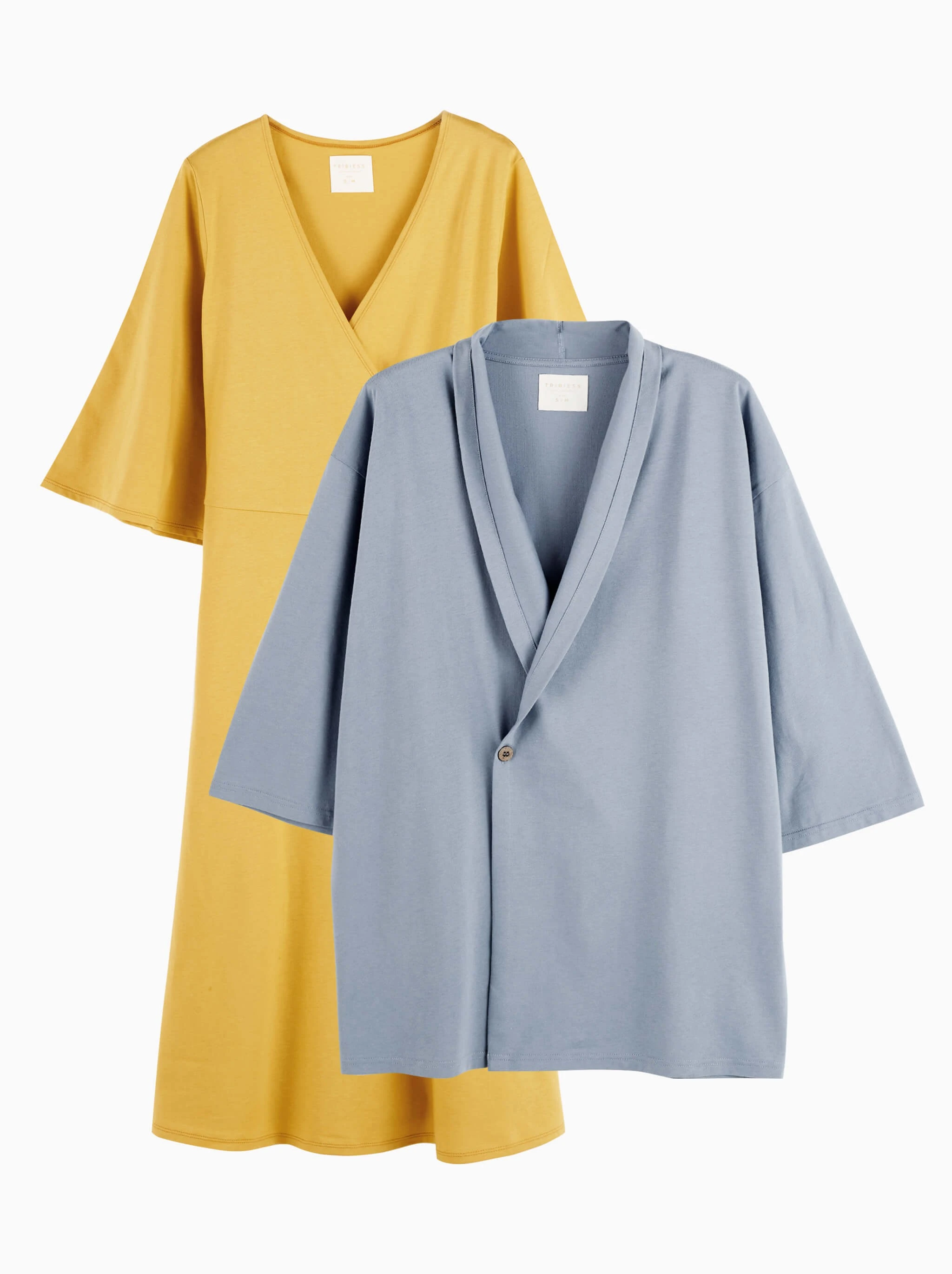 pregnancy and postpartum set · mustard dress, denim kimono