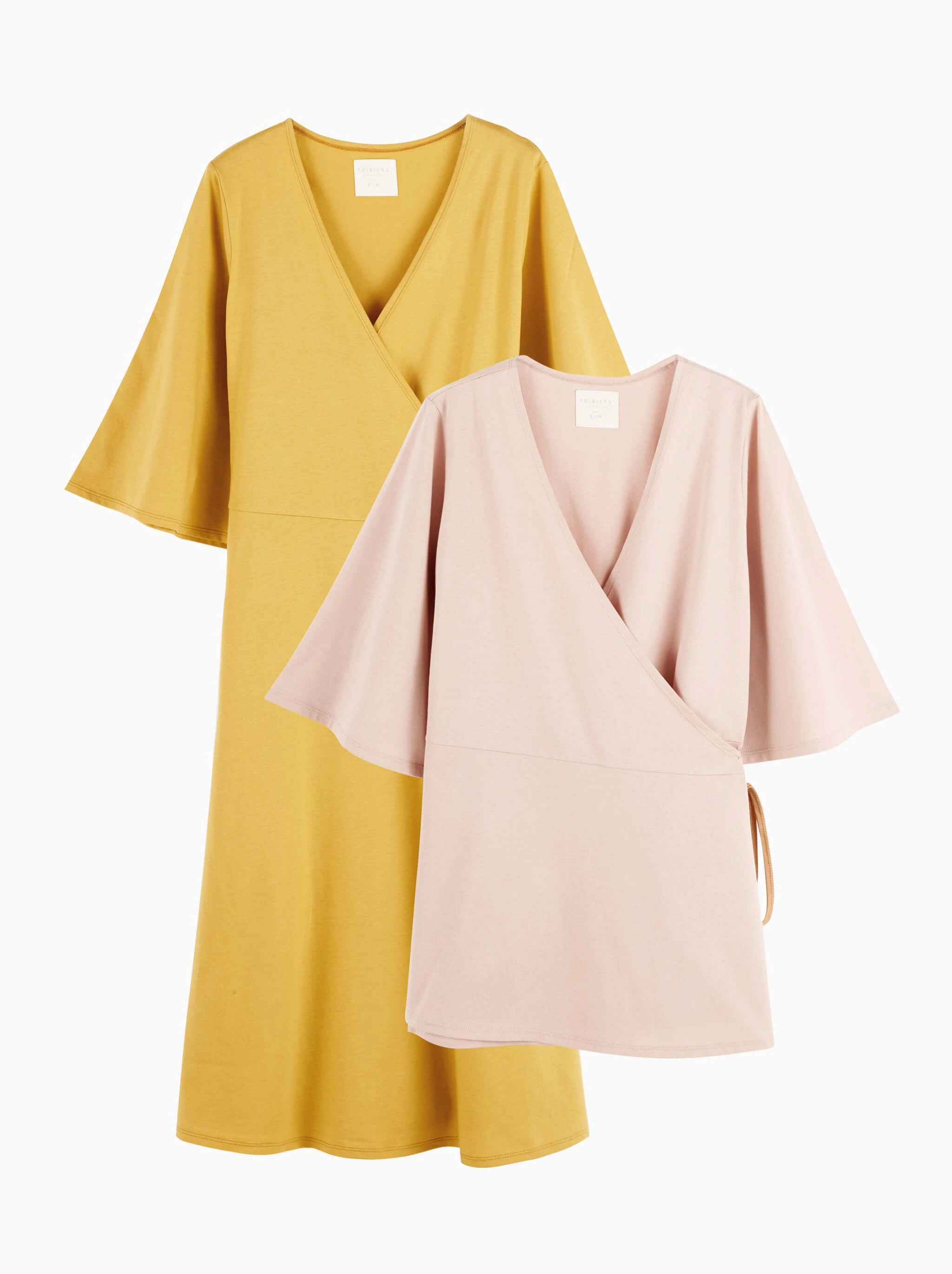 pregnancy and postpartum set · mustard dress, misty rose crossover t-shirt