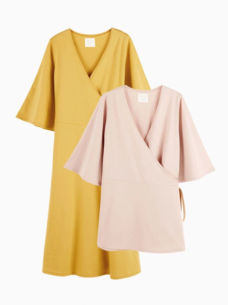 pregnancy and postpartum set · mustard dress, misty rose crossover t-shirt