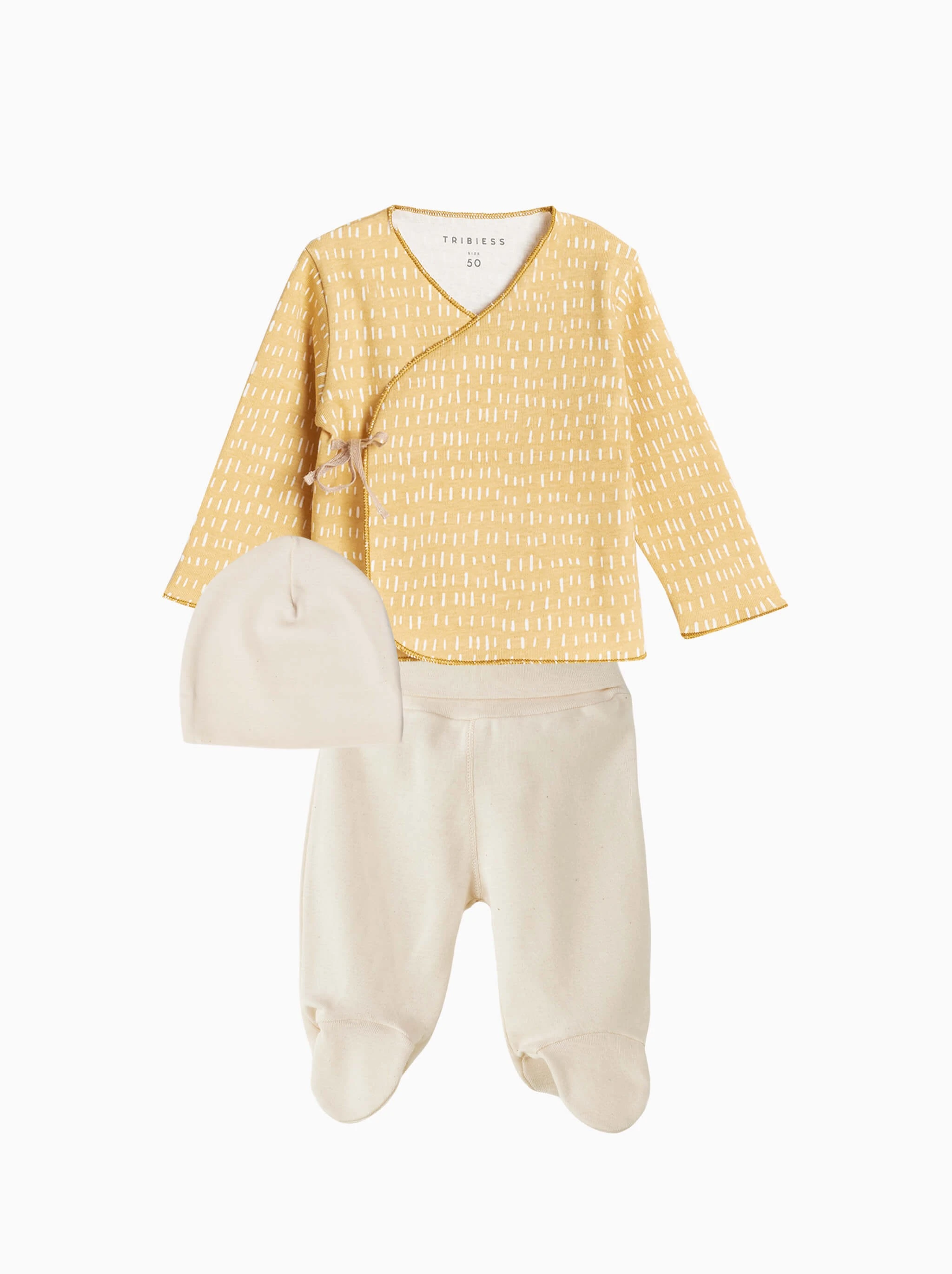 newborn first outfit · white strokes, unbleached